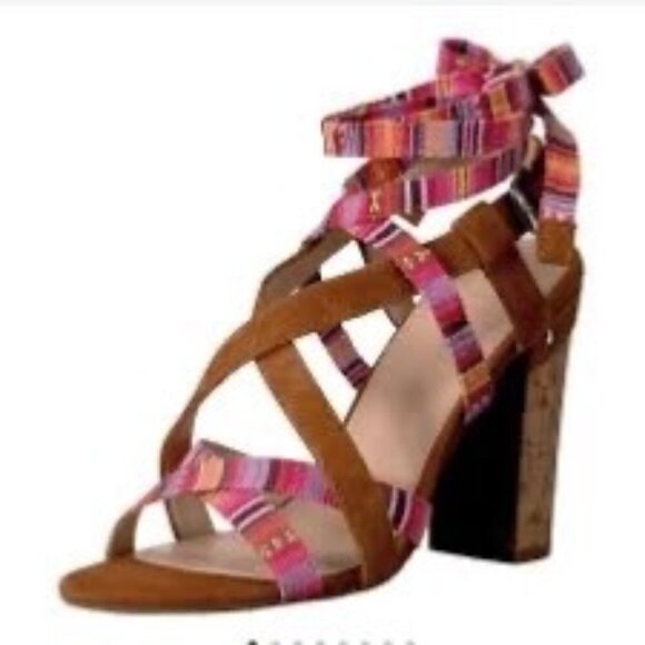 GUESS Heels Brown Suede Block Sandals Shoes Tie Ankle Open Toe Women Size 8.5 - Picture 2 of 6